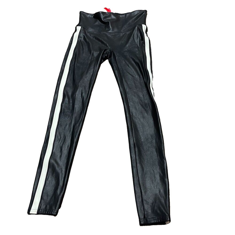Spanx Faux Leather Side Stripe Leggings Black High Waist Tummy Control M Medium
